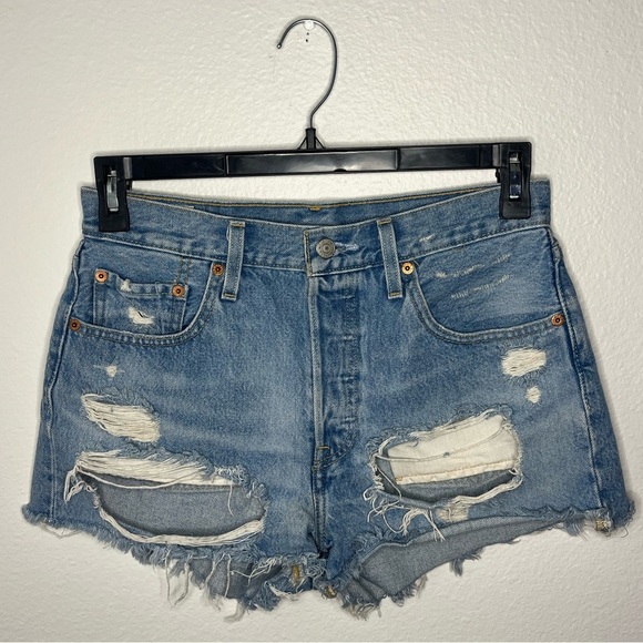 Levi's 501 Women’s Blue Distressed Jean Shorts High-Waisted - Picture 1 of 7
